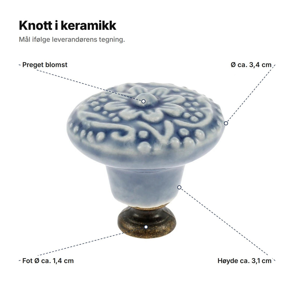 Knott i keramikk forklart: preget blomst, Ø ca. 3,4 cm, høyde ca. 3,1 cm, fot Ø ca. 1,4 cm