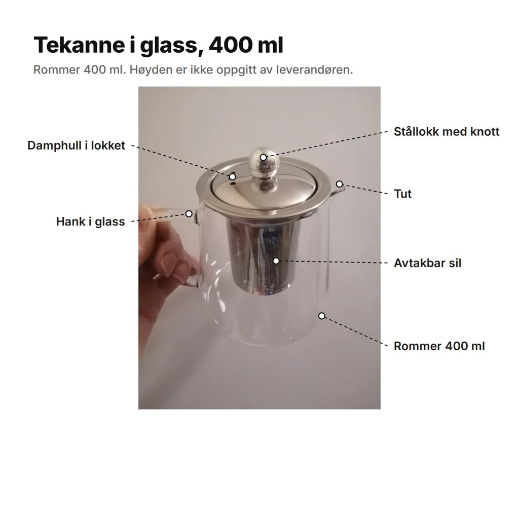 Tekannen i glass forklart: stållokk med knott, damphull i lokket, tut, hank i glass, avtakbar sil, rommer 400 ml