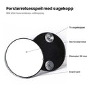 Forstørrelsesspeil forklart: to sugekopper på baksiden, 10x forstørrelse, diameter 88 mm og svart kant