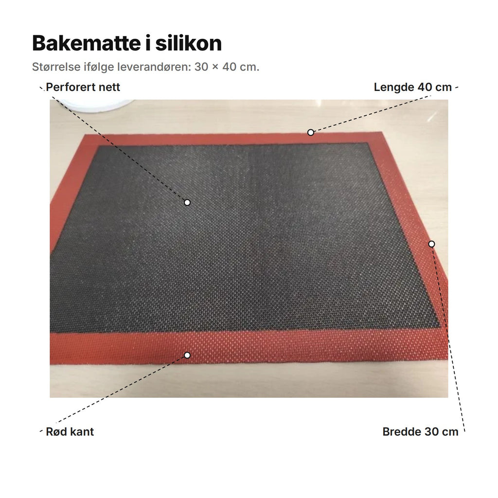 Bakematten forklart: perforert nett, rød kant, lengde 40 cm og bredde 30 cm