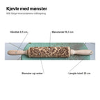 Kjevle med mønster forklart: håndtak 8,5 cm, mønsterdel 16,5 cm, blomster og ranker, lengde totalt 35 cm