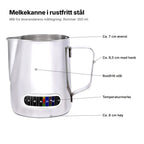 Melkekanne i rustfritt stål forklart: ca. 7 cm øverst, ca. 9,5 cm med hank, rustfritt stål, temperaturmerke, ca. 8 cm høy