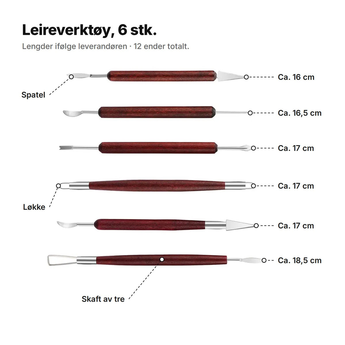 Leireverktøy forklart: seks verktøy på ca. 16, 16,5, 17, 17, 17 og 18,5 cm med spatel, løkke og skaft av tre