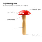 Stoppesoppen forklart: hatt Ø ca. 5,1 cm, avtakbart håndtak i tre, hullet legges over hatten, høyde ca. 10 cm
