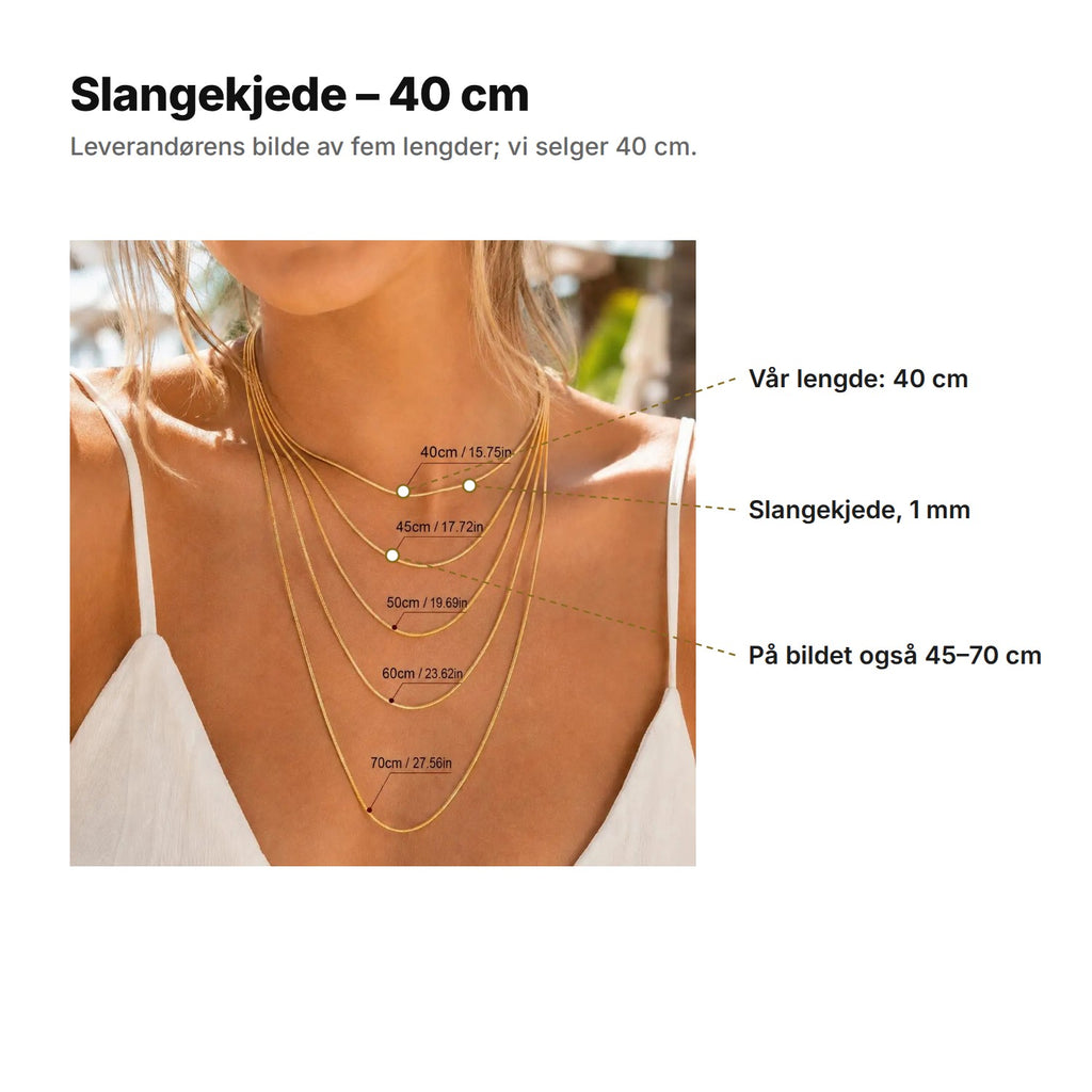 Halskjedet forklart: leverandørens bilde av fem lengder fra 40 til 70 cm; vi selger slangekjedet på 40 cm, 1 mm bredt