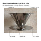 Dripperen forklart: dobbelt nett, traktdel Ø 10,2 cm, fot Ø 9,8 cm, 6,5 cm høy, rustfritt stål