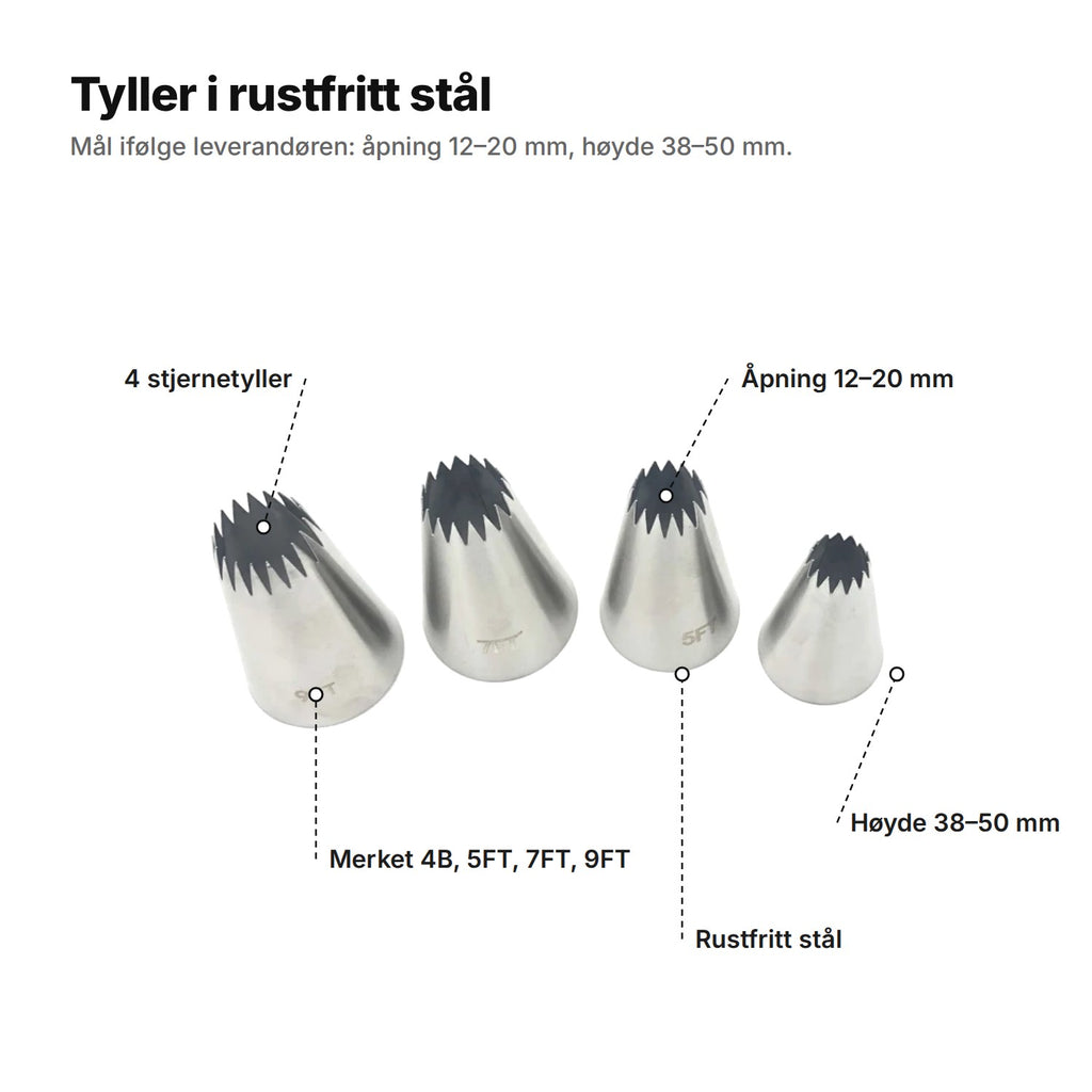 Tyllene forklart: 4 åpne stjernetyller i rustfritt stål, åpning 12–20 mm, høyde 38–50 mm, merket 4B, 5FT, 7FT og 9FT