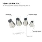 Tyllene forklart: 4 åpne stjernetyller i rustfritt stål, åpning 12–20 mm, høyde 38–50 mm, merket 4B, 5FT, 7FT og 9FT