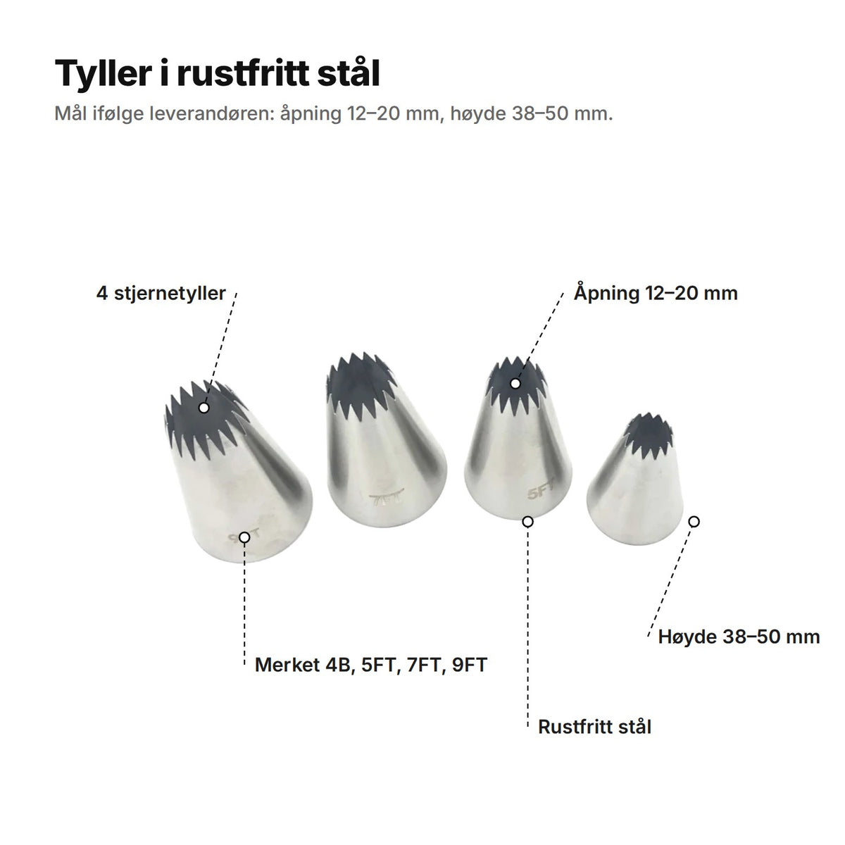 Tyllene forklart: 4 åpne stjernetyller i rustfritt stål, åpning 12–20 mm, høyde 38–50 mm, merket 4B, 5FT, 7FT og 9FT