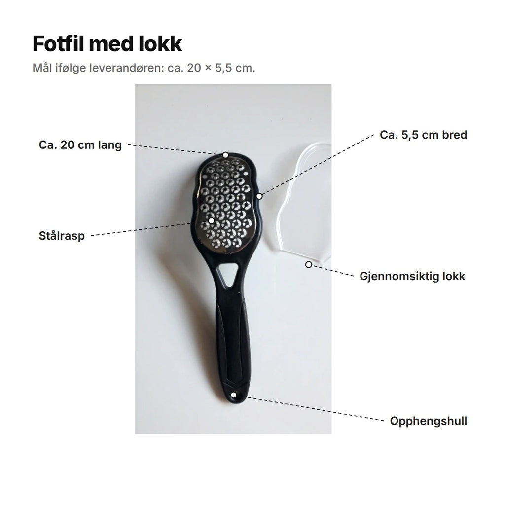 Fotfil med lokk forklart: ca. 20 cm lang, raspen ca. 5,5 cm bred, stålrasp, gjennomsiktig lokk og opphengshull