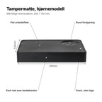 Tampermatte i hjørnemodell forklart: flat arbeidsflate, rund fordypning, kant ned over benkekanten, svart uten logo, 200 × 150 mm