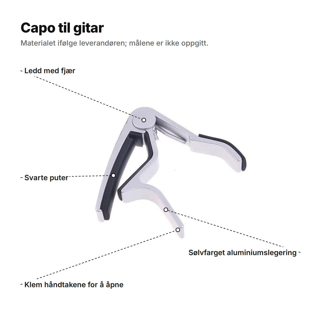 Capoen forklart: ledd med fjær, svarte puter, sølvfarget aluminiumslegering og håndtak som klemmes for å åpne