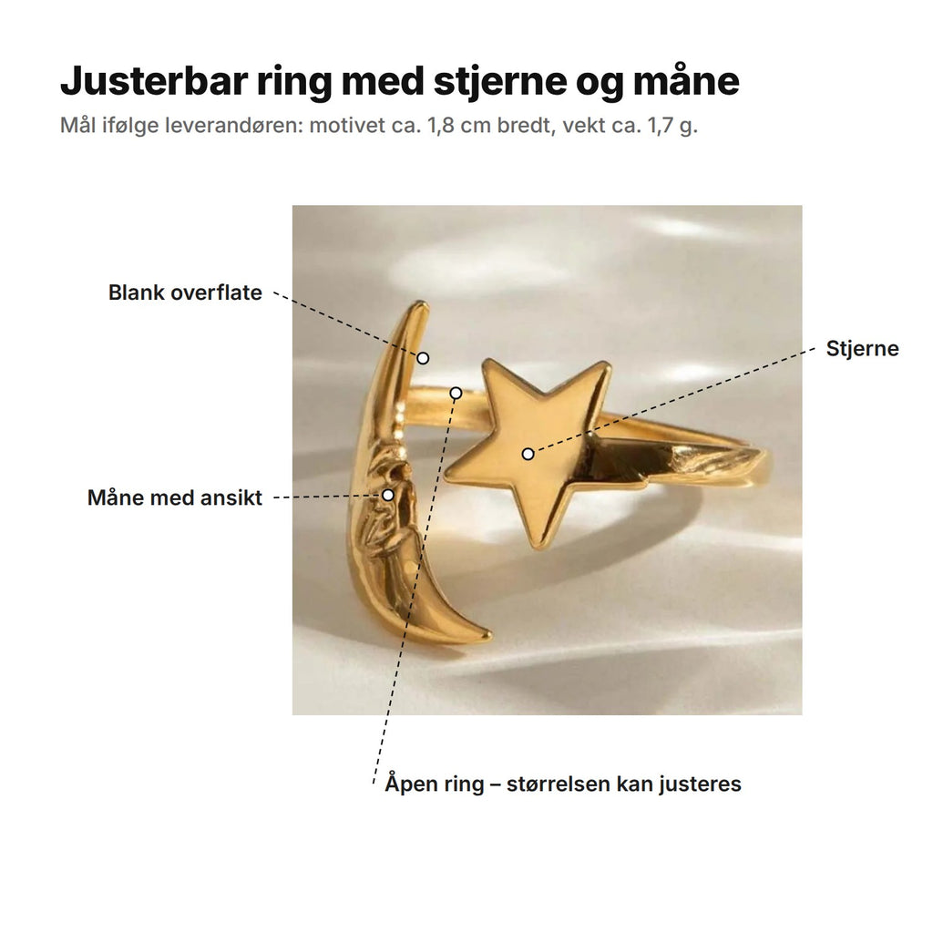 Justerbar ring med stjerne og måne forklart: blank overflate, måne med ansikt, stjerne, åpen ring der størrelsen kan justeres