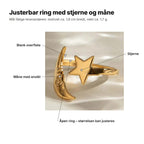 Justerbar ring med stjerne og måne forklart: blank overflate, måne med ansikt, stjerne, åpen ring der størrelsen kan justeres