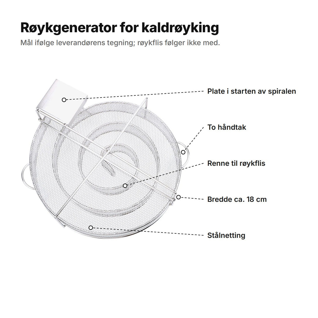Røykgenerator sett ovenfra: plate i starten av spiralen, to håndtak, renne til røykflis, bredde ca. 18 cm, stålnetting