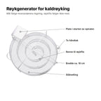 Røykgenerator sett ovenfra: plate i starten av spiralen, to håndtak, renne til røykflis, bredde ca. 18 cm, stålnetting