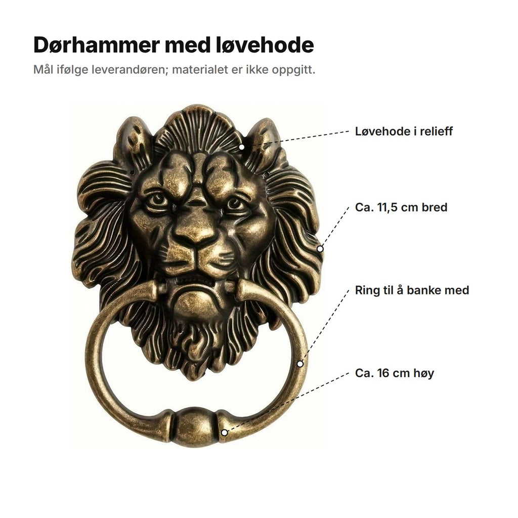 Dørhammer med løvehode forklart: løvehode i relieff, ca. 11,5 cm bred, ring til å banke med, ca. 16 cm høy