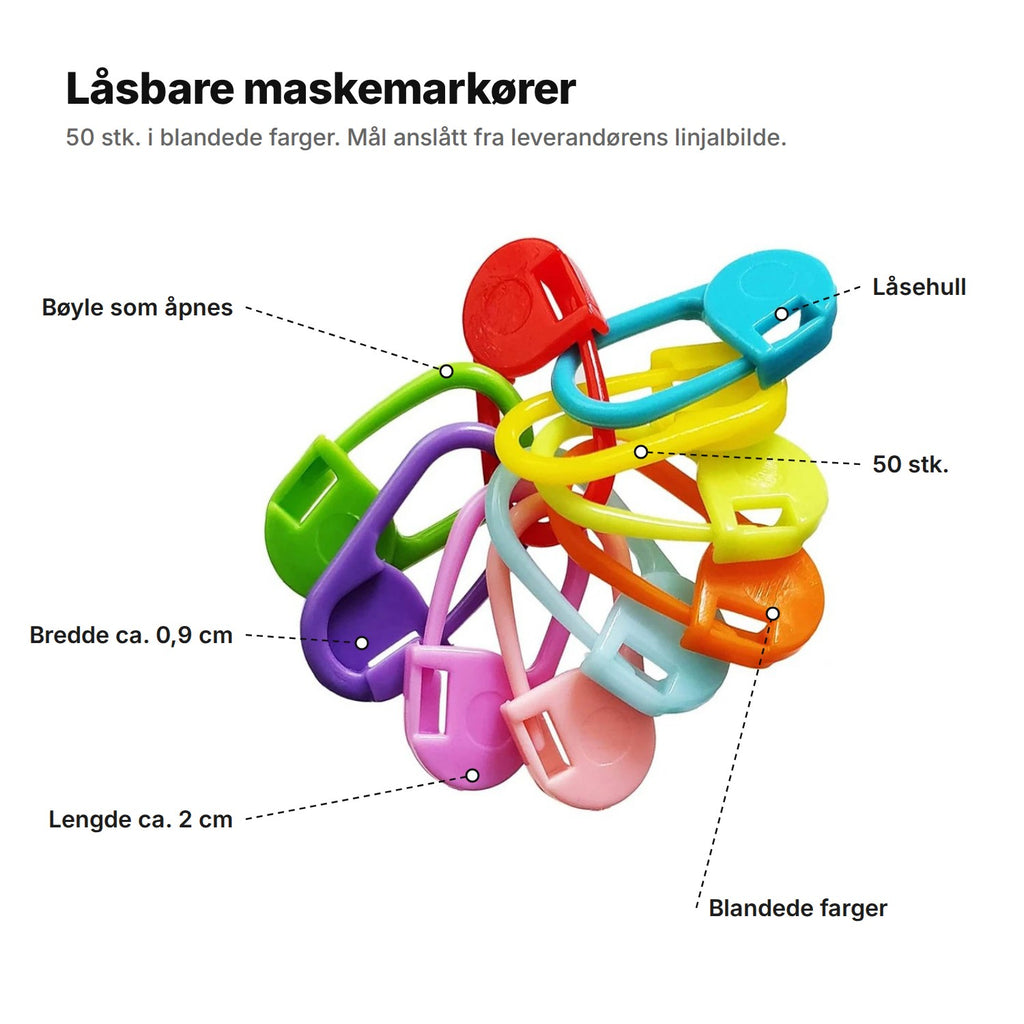 Maskemarkørene forklart: bøyle som åpnes, låsehull, bredde ca. 0,9 cm, lengde ca. 2 cm, 50 stk. i blandede farger