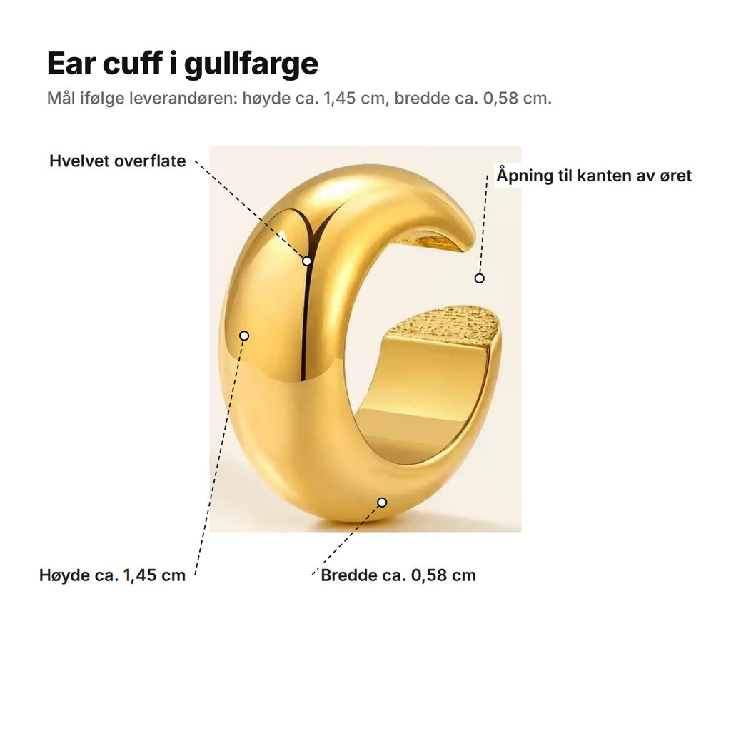 Ear cuff i gullfarge forklart: hvelvet overflate, åpning til kanten av øret, høyde ca. 1,45 cm, bredde ca. 0,58 cm