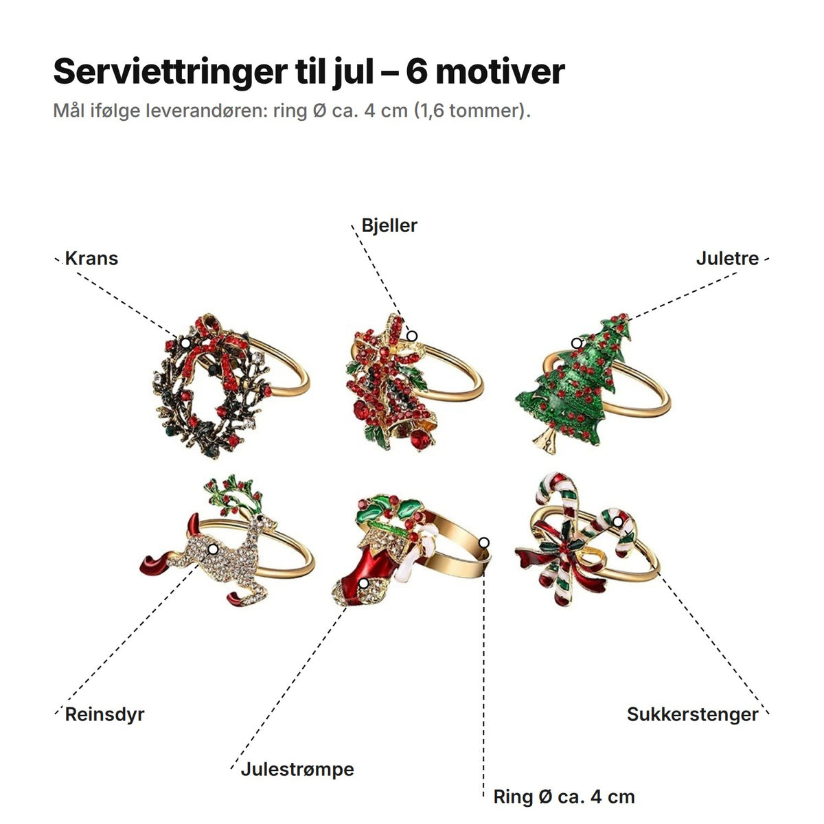 Serviettringene forklart: krans, bjeller, juletre, reinsdyr, julestrømpe og sukkerstenger på gullfargede ringer, Ø ca. 4 cm