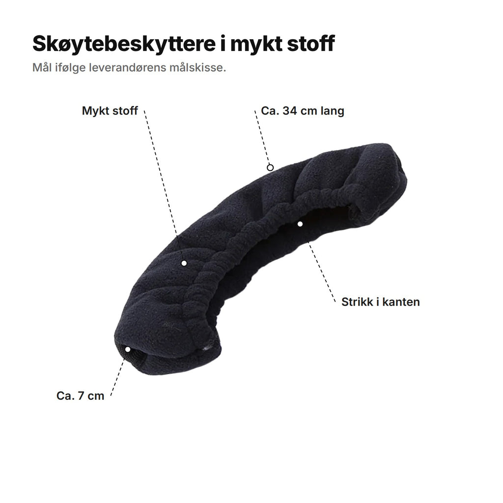 Myk skøytebeskytter forklart: ca. 34 cm lang, ca. 7 cm ved tuppen, mykt stoff og strikk i kanten