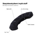 Myk skøytebeskytter forklart: ca. 34 cm lang, ca. 7 cm ved tuppen, mykt stoff og strikk i kanten