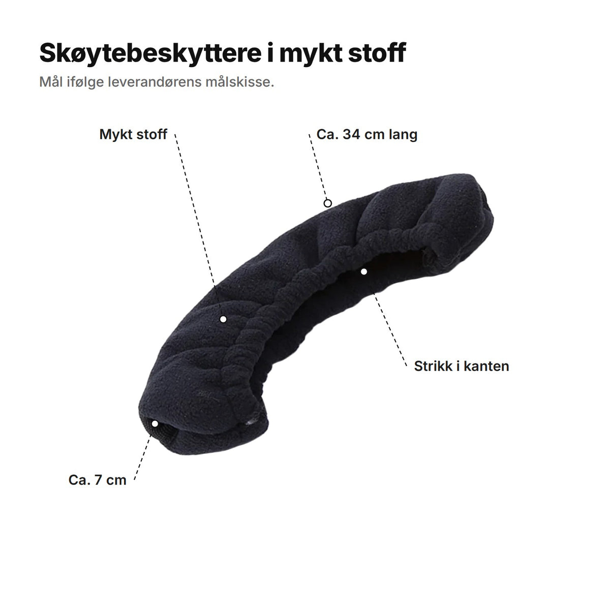 Myk skøytebeskytter forklart: ca. 34 cm lang, ca. 7 cm ved tuppen, mykt stoff og strikk i kanten