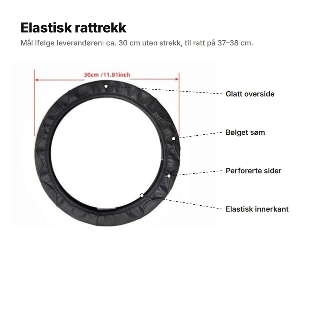 Elastisk rattrekk forklart: glatt overside, bølget søm, perforerte sider og elastisk innerkant