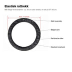 Elastisk rattrekk forklart: glatt overside, bølget søm, perforerte sider og elastisk innerkant