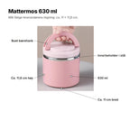 Mattermos 630 ml forklart: buet bærehank, innerbeholder i stål, ca. 11,8 cm høy og ca. 11 cm bred
