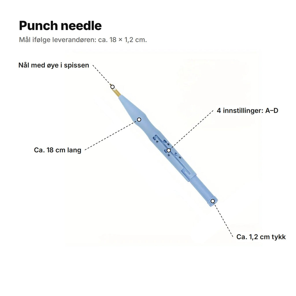 Punch needle forklart: nål med øye i spissen, ca. 18 cm lang, 4 innstillinger A–D, ca. 1,2 cm tykk