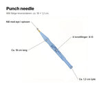 Punch needle forklart: nål med øye i spissen, ca. 18 cm lang, 4 innstillinger A–D, ca. 1,2 cm tykk