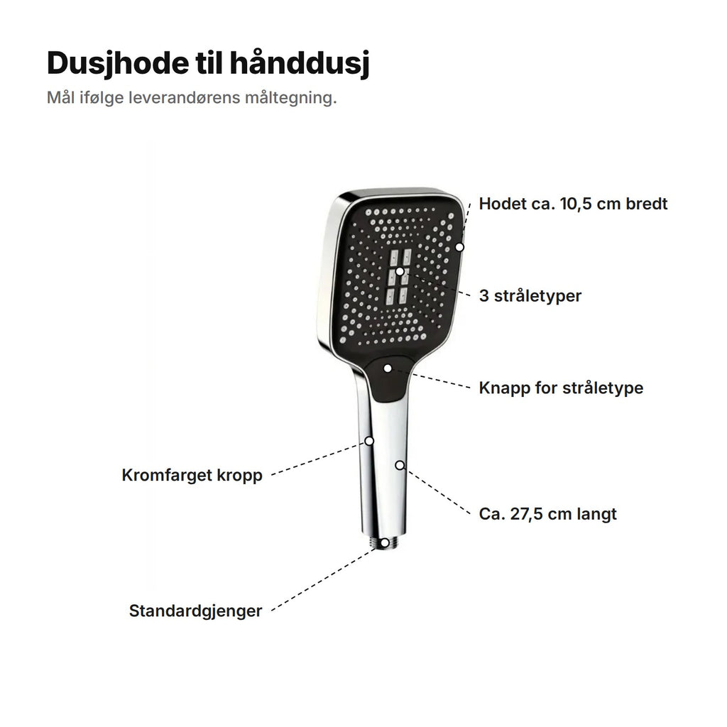 Dusjhode forklart: hodet ca. 10,5 cm bredt, 3 stråletyper, knapp for stråletype, ca. 27,5 cm langt, kromfarget kropp og standardgjenger