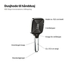 Dusjhode forklart: hodet ca. 10,5 cm bredt, 3 stråletyper, knapp for stråletype, ca. 27,5 cm langt, kromfarget kropp og standardgjenger
