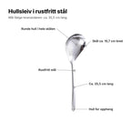 Hullsleiven forklart: skål ca. 10,7 cm bred, runde hull i hele skålen, rustfritt stål, ca. 35,5 cm lang og hull for oppheng