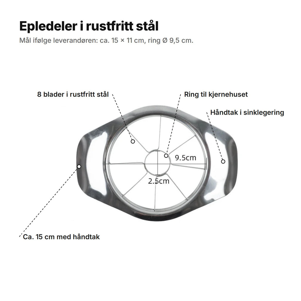 Epledeleren forklart: 8 blader i rustfritt stål, ring til kjernehuset, håndtak i sinklegering, ca. 15 cm med håndtak