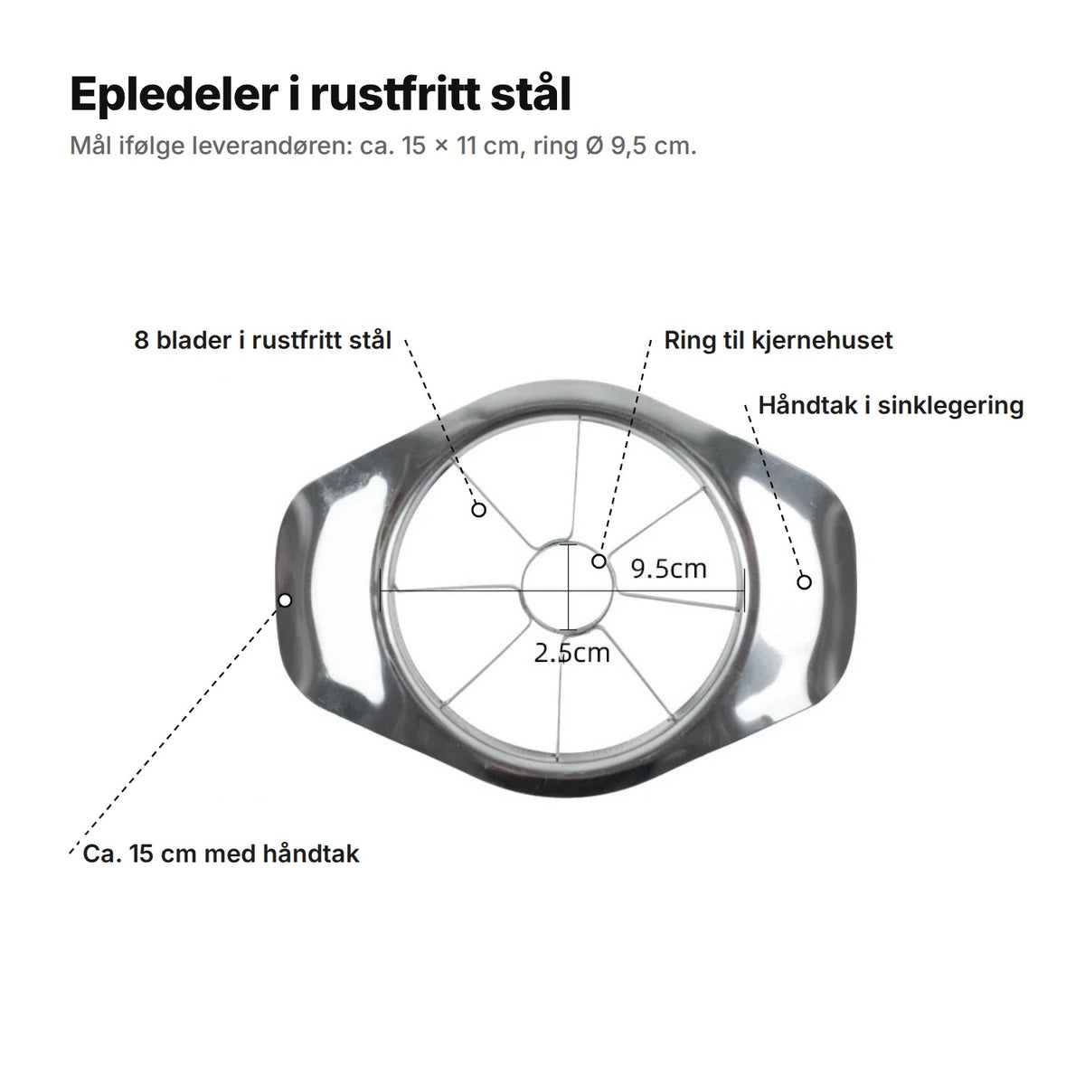Epledeleren forklart: 8 blader i rustfritt stål, ring til kjernehuset, håndtak i sinklegering, ca. 15 cm med håndtak