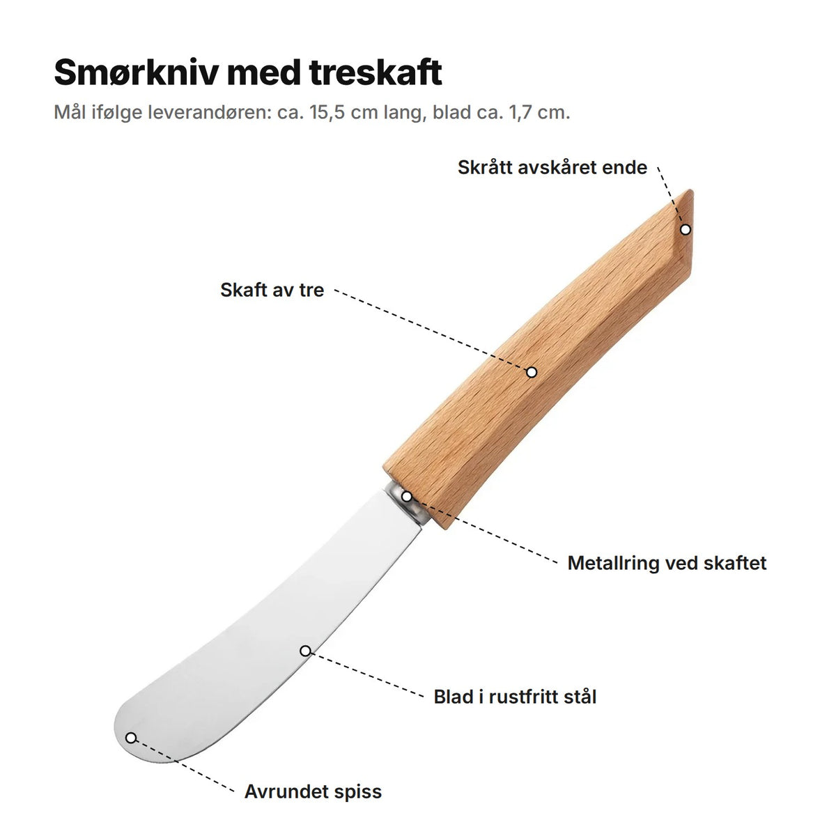 Smørkniven forklart: avrundet spiss, blad i rustfritt stål, metallring ved skaftet, skaft av tre og skrått avskåret ende