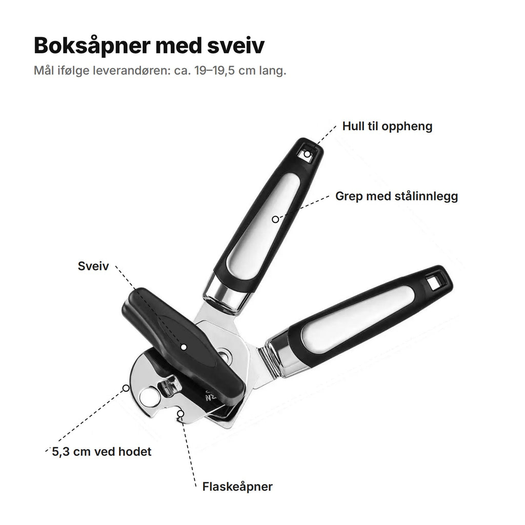 Boksåpneren forklart: sveiv, flaskeåpner, 5,3 cm ved hodet, grep med stålinnlegg og hull til oppheng