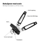 Boksåpneren forklart: sveiv, flaskeåpner, 5,3 cm ved hodet, grep med stålinnlegg og hull til oppheng