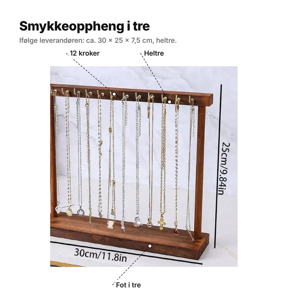 Smykkeoppheng i tre forklart: 12 kroker, heltre, fot i tre; ca. 30 × 25 × 7,5 cm ifølge leverandøren