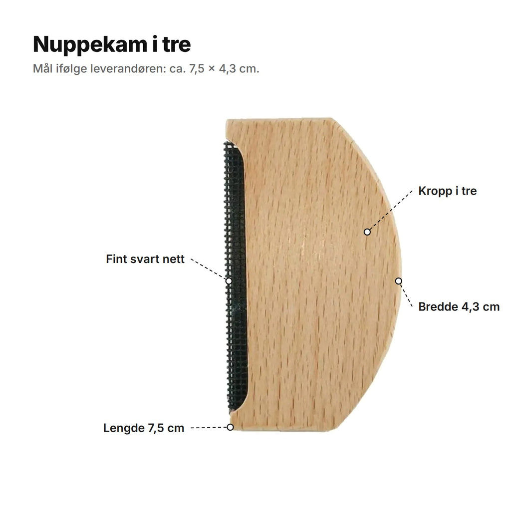 Nuppekammen forklart: fint svart nett, kropp i tre, lengde 7,5 cm og bredde 4,3 cm