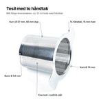 Tesilen forklart: kurv Ø 57 mm og 60 mm dyp, bunn Ø 54 mm, kant Ø 70 mm, to håndtak på 15 mm og fine hull i rustfritt stål