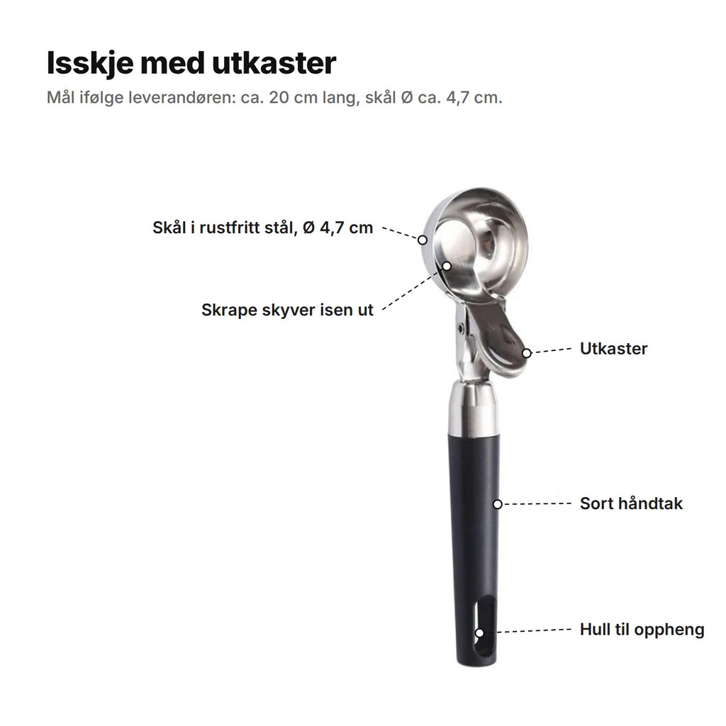 Isskjeen forklart: skål i rustfritt stål Ø 4,7 cm, skrape som skyver isen ut, utkaster, sort håndtak og hull til oppheng