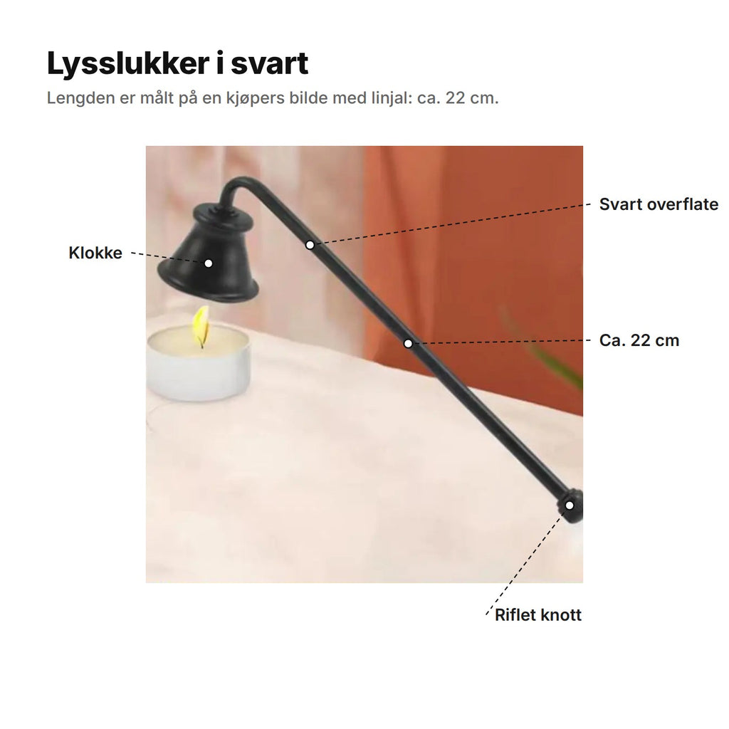 Lysslukker i svart forklart: klokke, svart overflate, ca. 22 cm lang, riflet knott ytterst på skaftet