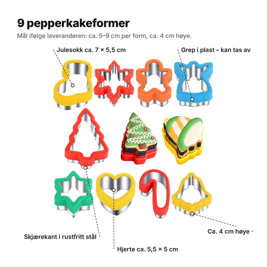 Pepperkakeformene forklart: ni former med skjærekant i rustfritt stål og grep i plast som kan tas av, ca. 4 cm høye; julesokk ca. 7 × 5,5 cm og hjerte ca. 5,5 × 5 cm