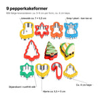 Pepperkakeformene forklart: ni former med skjærekant i rustfritt stål og grep i plast som kan tas av, ca. 4 cm høye; julesokk ca. 7 × 5,5 cm og hjerte ca. 5,5 × 5 cm