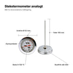 Steketermometeret forklart: urskive Ø 52 mm, føler 105 mm, skala 0–120 °C, dyresymboler og rustfritt stål 304