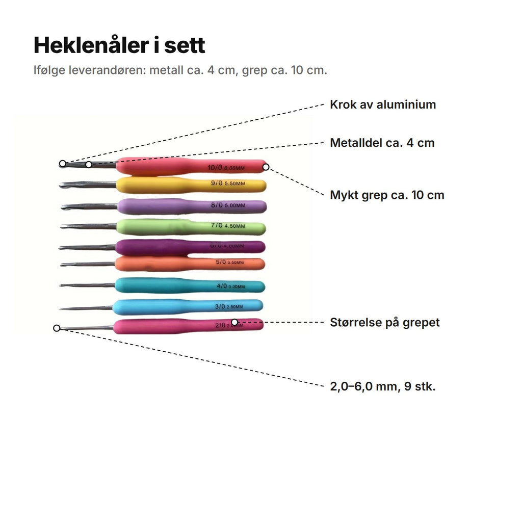 Heklenåler forklart: krok av aluminium, metalldel ca. 4 cm, mykt grep ca. 10 cm, størrelsen trykt på grepet, 2,0–6,0 mm
