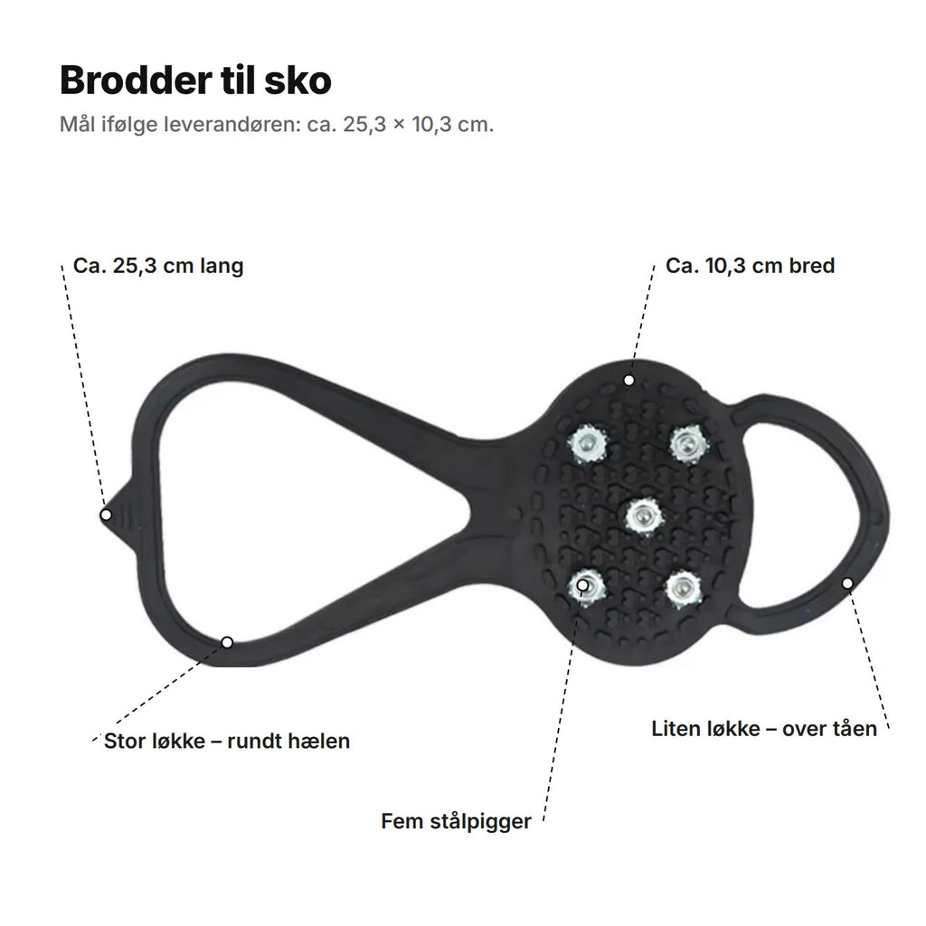 Broddene forklart: stor løkke rundt hælen, fem stålpigger, liten løkke over tåen, ca. 25,3 cm lange og 10,3 cm brede